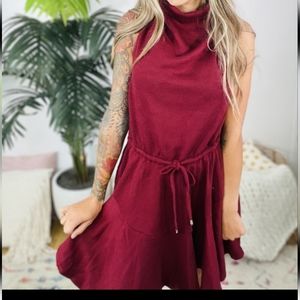 Wine Sleeveless Knit Cowl Neck Dress with a Flare Skirt and Drawstring size L